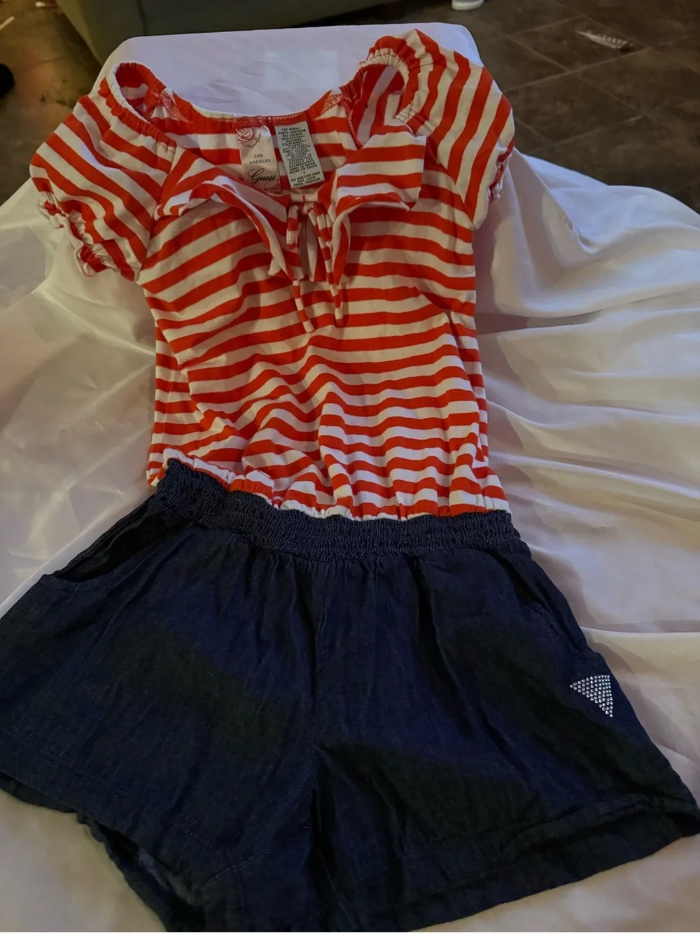 Guess Red & White Striped Top with Denim-Look Bottom Romper. One piece. Kids 7